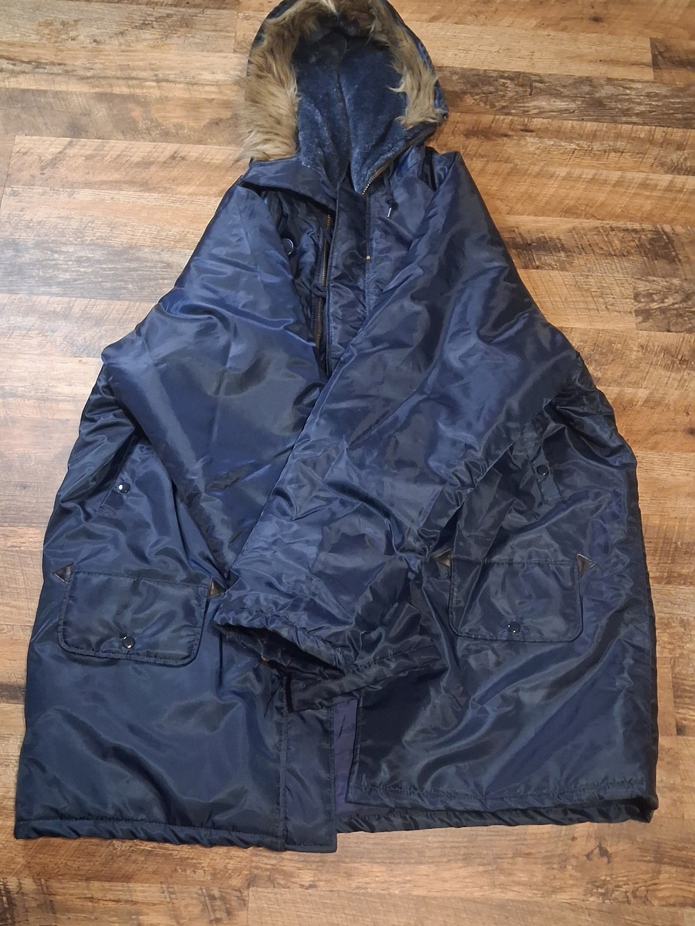 Parka Navy Hooded Puffer Coat with Faux-Fur Trim
